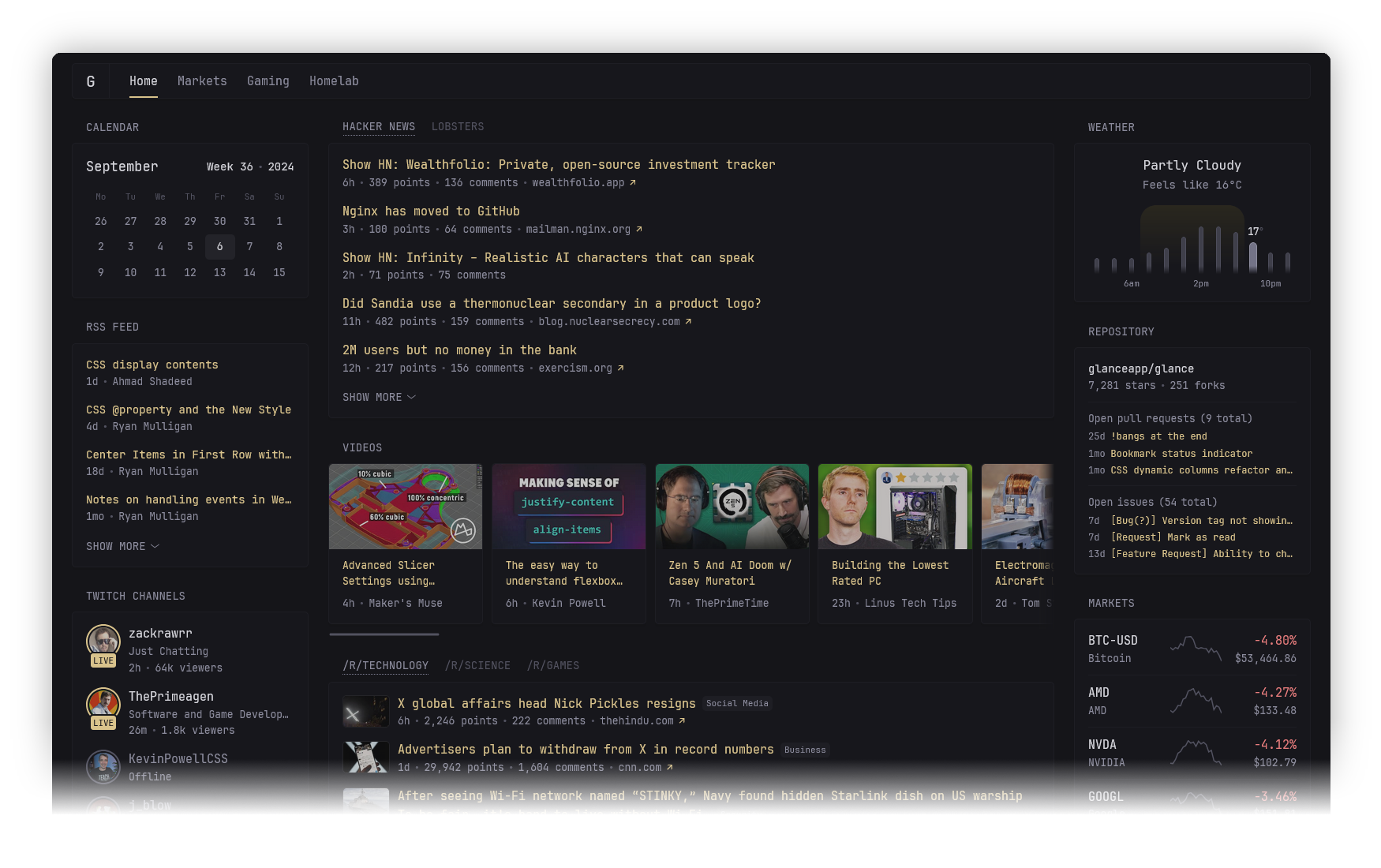 Glance | Self-Hosted All-in-One Feed Dashboard